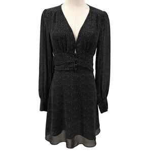 Reset by Jane Black Polka Dot Long Sleeve Mini Dress V Neck Fit  Flare Boho Fall